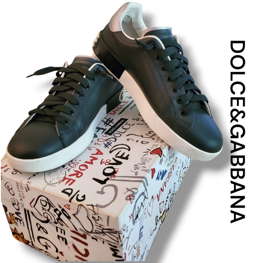 Authentic DOLCE & GABANNA Calfskin Nappa Portofino Black/Silver/White Sneakers
